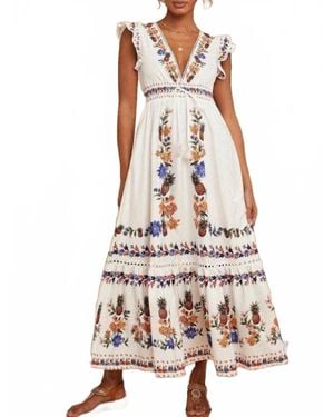 anna-kaci Boho Embroidered Tiered Midi Dress - White