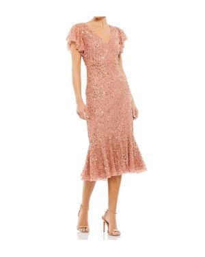 Mac Duggal Sequined V Neck Flutter Cap Sleeve Trumpet Dress - Pink