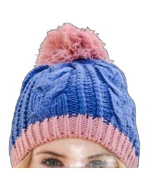 Leto Two Tone Pom Pom Cable Knit Beanie - Blue
