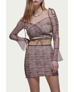 ZEMETA Cupid Heart-Print Sheer Mesh Cropped Wrap Top - Pink
