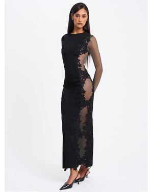 Miss Circle Bailey Lace Trim Crystal Net Cutout Long Sleeve Gown - Blue