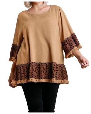 Umgee Spotted Bell Sleeve Frayed Top - Brown