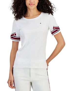 Tommy Hilfiger Ribbon Cuff Crewneck Pullover Top - White