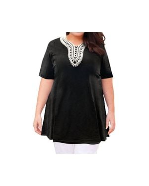 On The Plus Side Cotton Applique Short Sleeve V-Neck Top - Black