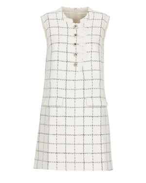 Self-Portrait Ivory Check Boucle Mini Dress With Lace Trim And Sequined Detail - White