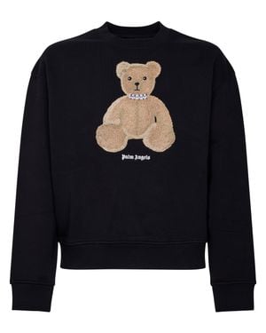 Palm Angels Textured Teddy Bear Applique Crew Neck Sweater - Black