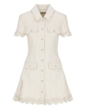 Self-Portrait Ivory Denim Mini Dress With Structured Collar And Lace Trims - White