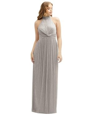 After Six Band Collar Halter Open-Back Metallic Pleated Maxi Dress - Gray