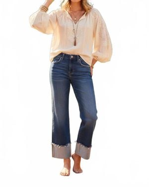 mica denim Mid Rise Slim Staight Leg With Cuffed Hem Jeans - Blue