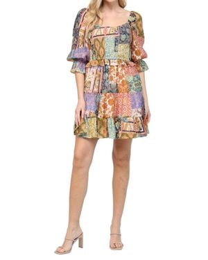 Fate Patch Work Print Smocked Bodice Dress - Multicolor