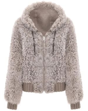 Bigardini Plush Shearling Jacket With Hood And Ribbed Hem - Gray