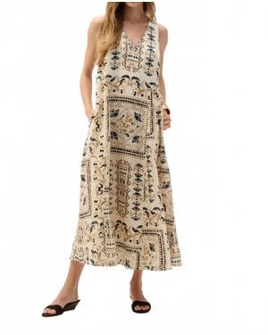 Joseph Ribkoff Linen Scarf Print Maxi A-Line Dress - Natural