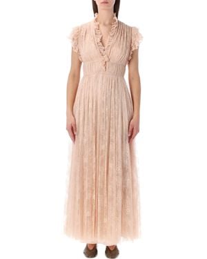 Alberta Ferretti Alberta Ferretti Pleated Lace Evening Dress - Pink