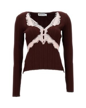 Self-Portrait Lace Knit Top - Brown