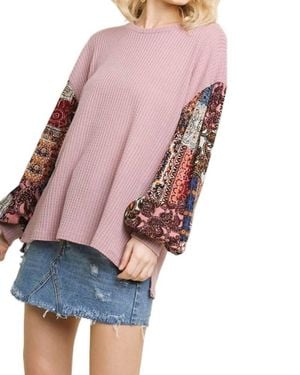 Umgee Paisley Print Waffle Knit Top - Metallic