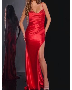 Jovani Strapless Satin With High Slit And Beaded Bust Gown - Red