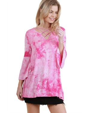 Umgee Crossed Tie Dye Bell Sleeve Top - Pink