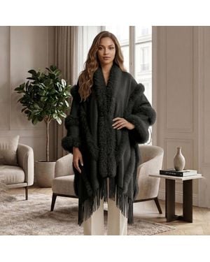 TRUEDAMES Faux Fur Trim Fringe Open Front Long Cape Coat Poncho - Brown
