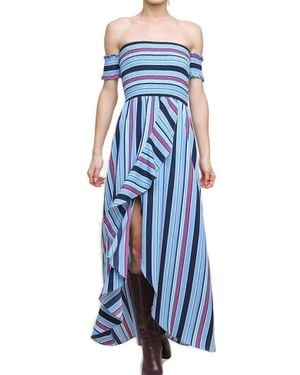 Umgee Striped Ruffle Tulip Maxi Dress - Blue