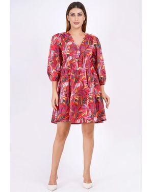 Leota Zariah Empire Waist Mini Dress Palm Foliage Poppy - Red