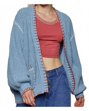 Pol Pattern Blanket Stitch Balloon Sleeve Open Cardigan - Blue