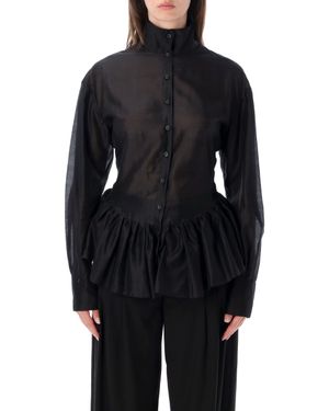 THE LATEST Sheer High Neck Button-Front Peplum Blouse - Black