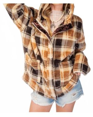Easel Plaid Fleece Hooded Jacket - Brown