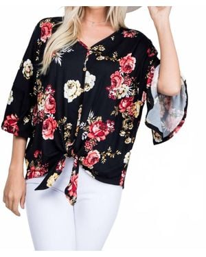 P & ROSE Floral Print Button Down Tied Front Blouse - Blue