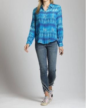Apny Button-Up Roll-Up Sleeve Blouse - Blue