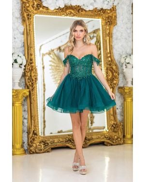 DQ Dress With Sequin-Embellished Bodice, Off-Shoulder Straps, Sheer Corset Details, And Layered Tulle Skirt - Green