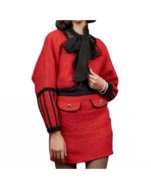 Sister Jane Carina Tweed Long Sleeve Cropped Jacket - Red