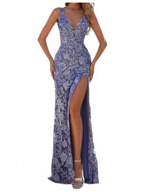 Amarra Floral-Embroidered Open-Back Prom Gown - Purple