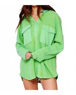 Bucketlist Vintage Wash Waffle Knit Shacket - Green