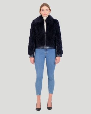 Gorski Shearling Lamb Bomber Jacket With Patent Leather Trim - Blue