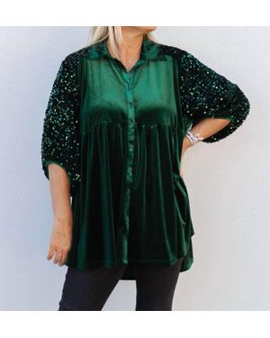Umgee Feeling Festive Velvet Sequins Contrast Tiered Tunic Dress - Green