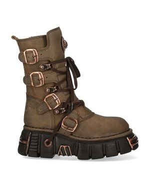 New Rock Leather Gothic Mid-Calf Biker Boots - Brown