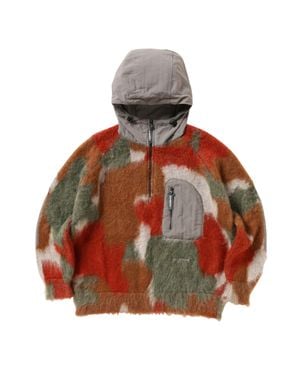 and wander Bold Camouflage Shaggy Knit Hoodie With Half-Zip Front - Red