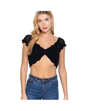 TRUEDAMES Short Sleeve V-Neck Front Knot Detail Sweater Knit Crop Top - Blue