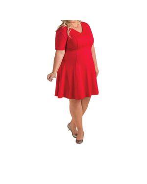 On The Plus Side Short Sleeve V-Neck Ponte Fit And Flare Dress - Red