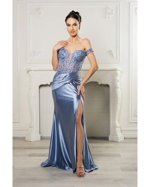 TRUEDAMES Long Formal Dress Off The Shoulder Sequin High Slit Gown - Blue
