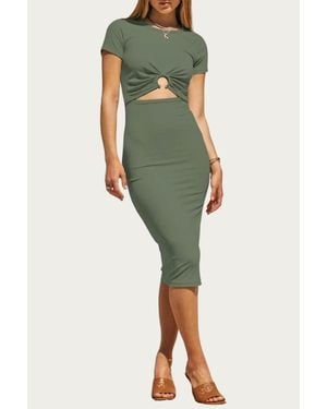 Endless Blu. Short Sleeve Solid Rib Midi Dress - Green
