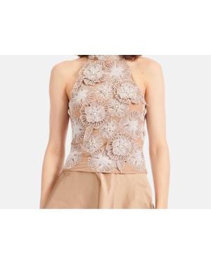 EMILY SHALANT Pearl Beaded Flower Mock Neck Top - Black