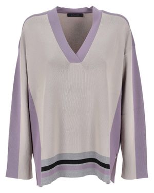 Elena Miro Loose-Fitting V-Neck Top With Lilac Panels And Striped Accents - Gray