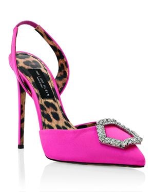 Philipp Plein Satin Decollete Slingback Hi-Heels Crystal Hexagon - Pink