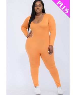 TRUEDAMES Fashnzfab Plus Size Scoop Neck Long Sleeve Bodycon Jumpsuit - Orange
