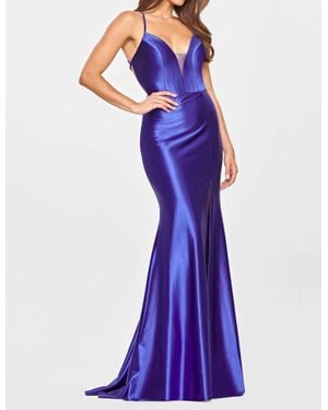 Faviana Stretch Satin Laceup Back Gown - Purple