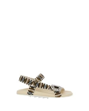 Roger Vivier Multicolored Woven Flat Sandals With Crystal Embellishment - White