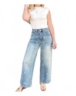 Miou Muse Washed Denim Jeans With Bead Trim - Blue