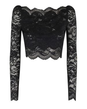 Rabanne Scalloped Boat Neck Transparent Lace Polyamide Long Sleeve Top - Black