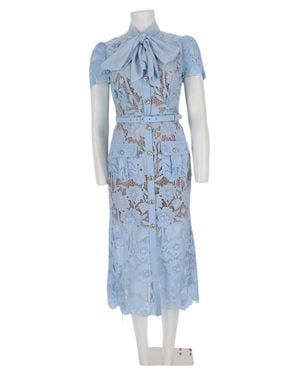 Self-Portrait Lace Overlay Midi Dress With Floral Patterns And Bow Tie - Blue